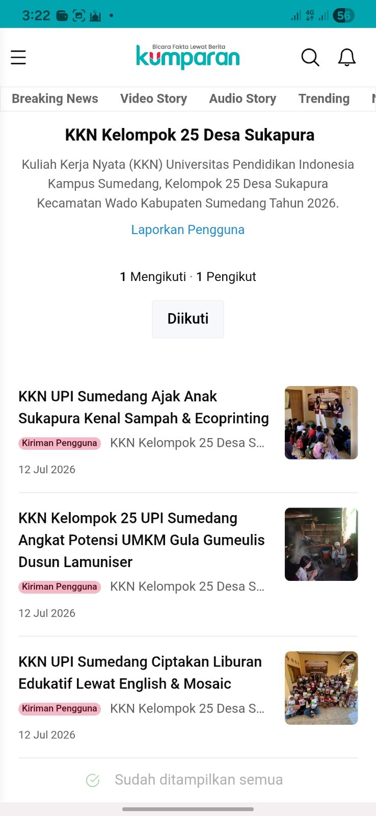 Berita yang tayang di Kumparan pada 12 Juli 2026 membahas pelaksanaan program English Conversation dan Paper Mosaic yang diselenggarakan oleh mahasiswa KKN UPI Kampus Sumedang Kelompok 25 di Desa Sukapura. Kegiatan ini bertujuan mengisi masa liburan sekolah dengan aktivitas edukatif melalui pembelajaran kosakata dan percakapan bahasa Inggris yang dipadukan dengan praktik seni paper mosaic. Dengan metode pembelajaran yang interaktif dan menyenangkan, program ini diharapkan dapat meningkatkan kemampuan dasar berbahasa Inggris sekaligus mengembangkan kreativitas serta kepercayaan diri anak-anak.